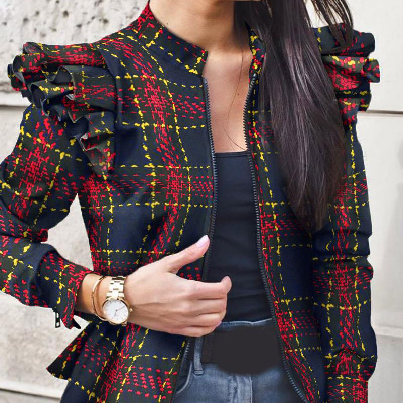 Women' Camouflage Plaid Print Jackets Long Sleeve Slim O-neck Ruffles Jacket Female Autumn Elegant Fashion Ladies Coats 210524
Women' Camouflage Plaid Print Jackets Long Sleeve Slim O-neck Ruffles Jacket Female Autumn Elegant Fashion Ladies Coats 210524