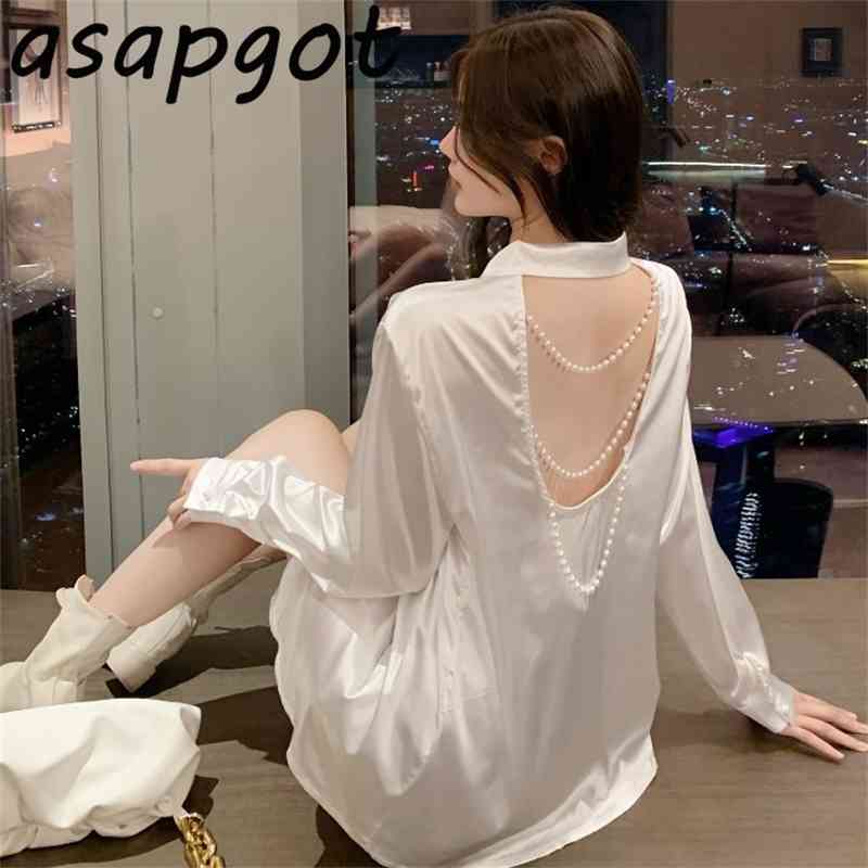 Blouses & Shirts Spring Sexy Black Backless Hollow Out Pearl Chain Satin Blouse Loose Full White Shirt Women Clothing Retro 210429