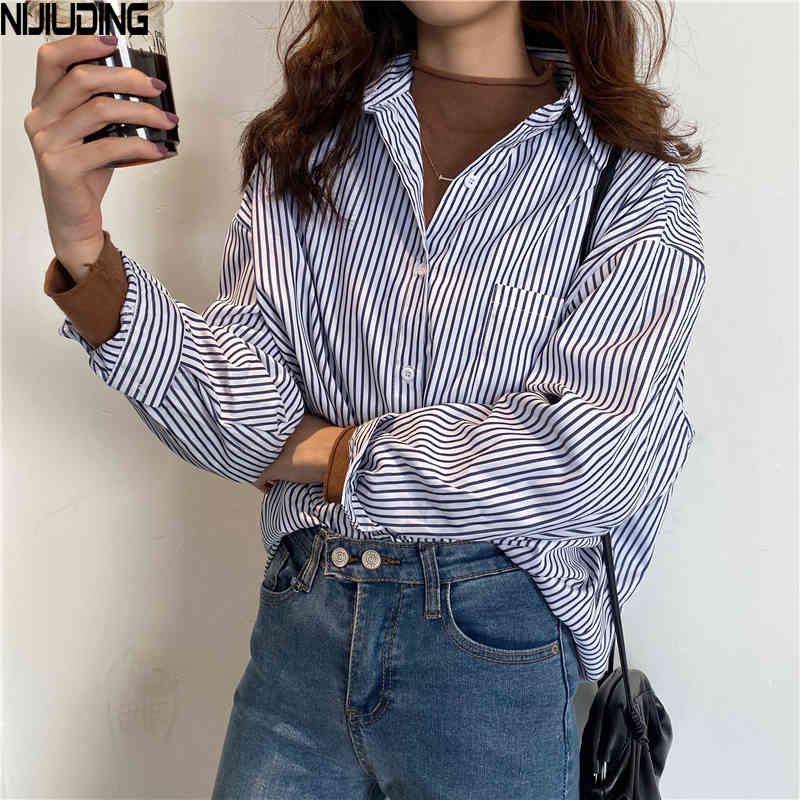 Women Striped Shirt Long Sleeve Spring Summer Vintage Casual Loose Shirts Female Streetwear Blouse Tops Oversize 210514