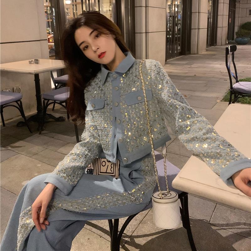 Women Suits: Sequined Embroidery Jacket with High Waist Wide Leg Trousers - Two Piece Denim Pants Set for Stylish Outfits C260312