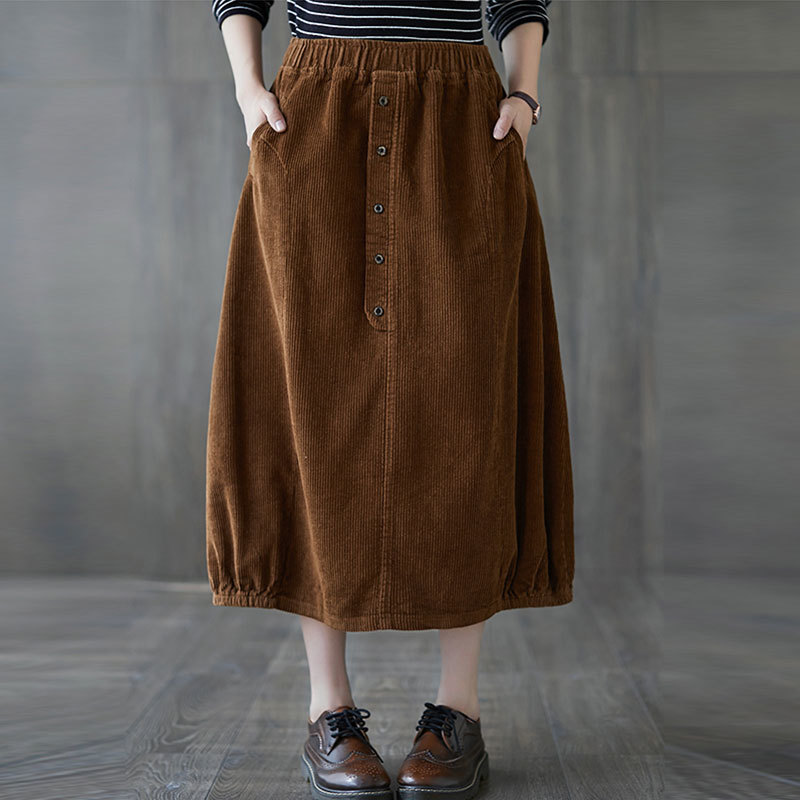 Autumn Winter Arts Style Women Elastic Waist Loose A-line Skirts Cotton Corduroy Casual Long Skirt Plus Size Saia S41 210512