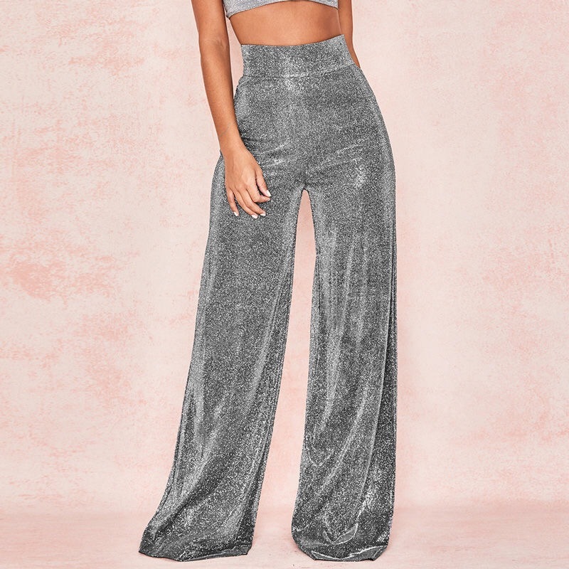 Bling Wide Leg Pants Women High Waisted Belted Loose Trousers Streetwear Mujer Winter Glitter Plus Size Long Pant 210421