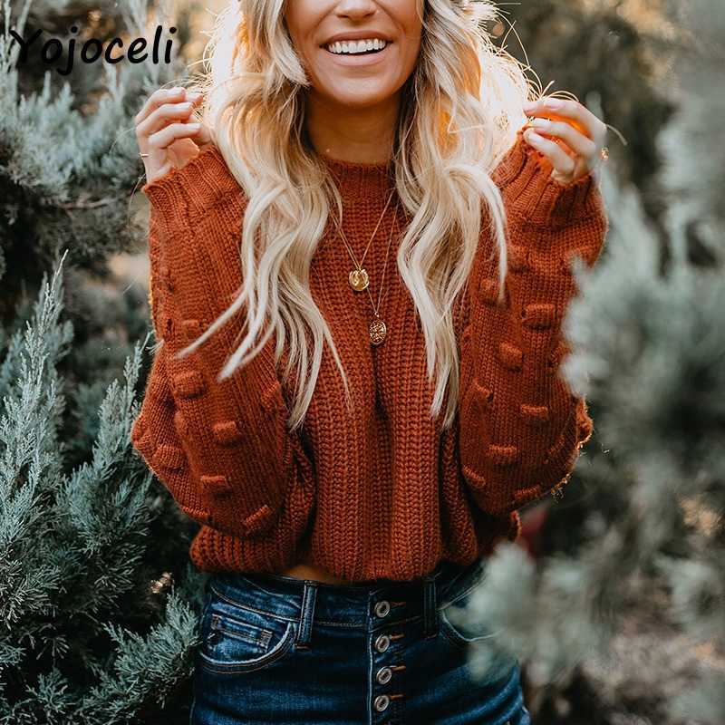 Yojoceli cute puff sleeve knit sweater jumper women long round neck knitted pullover 210609