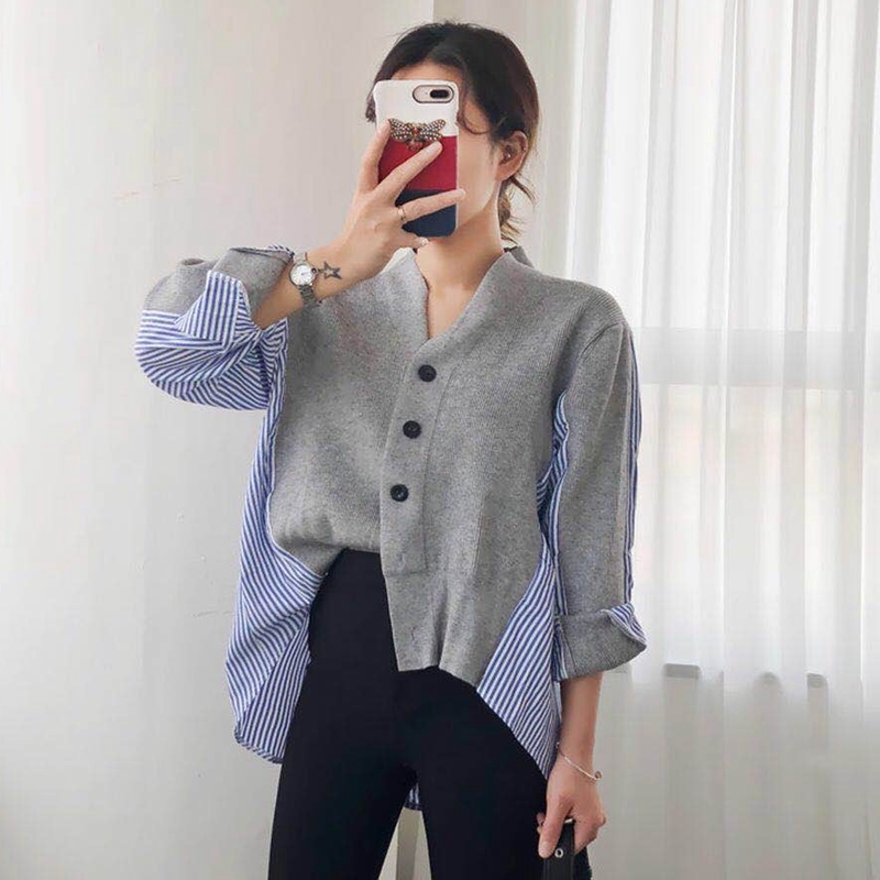 Korean Cardigan Women Single Breasted Striped Shirt Patchwork Sweater Coat Loose Autumn Top Off Shoulder Sweater Women Cardigan 210421