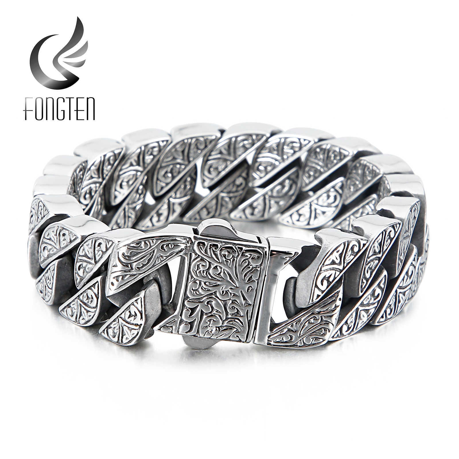 Fongten Vintage Style Bracelet Men's Unique Carving Cuban Link Chain Stainless Steel Men Bracelets Bangle Fashion Jewelry 210609 
Fongten Vintage Style Bracelet Men's Unique Carving Cuban Link Chain Stainless Steel Men Bracelets Bangle Fashion Jewelry 210609