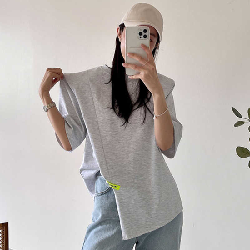 Korejpaa Women T-Shirt Summer Korean Chic All-Match Round Neck Loose Irregular Short-Sleeved Small Patches Decoration Tops 210526