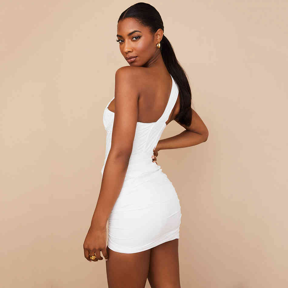 High Quality Sexy One Shoulder Mini Dress Summer White Women Sleeveless Draped Fashion Tight Party 210525