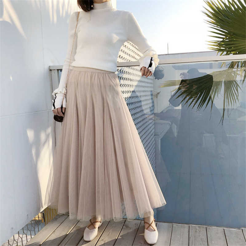 Plus Size High Waist Tulle Skirts Womens Long Pleated Skirt Black Pink Elegant Maxi Skirt Female Spring Summer Korean Mesh Skirt 210619wtt