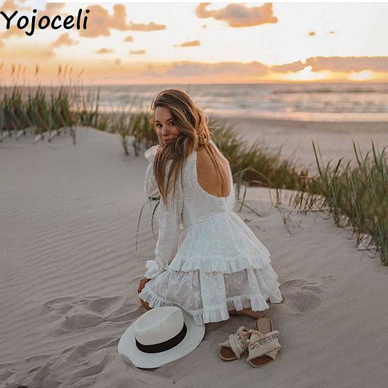 Yojoceli Sexy backless ruffle white embroidery dres Spring lace casual Beach short party cotton 210609