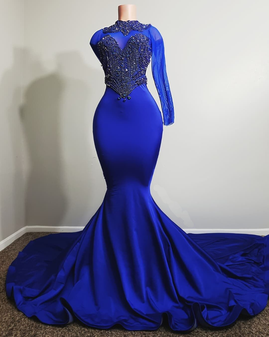 Royal Blue Prom Dress One Shoulder Appliques Beads Formal Evening Party Gowns for African Girl Robe De Soiree Femme