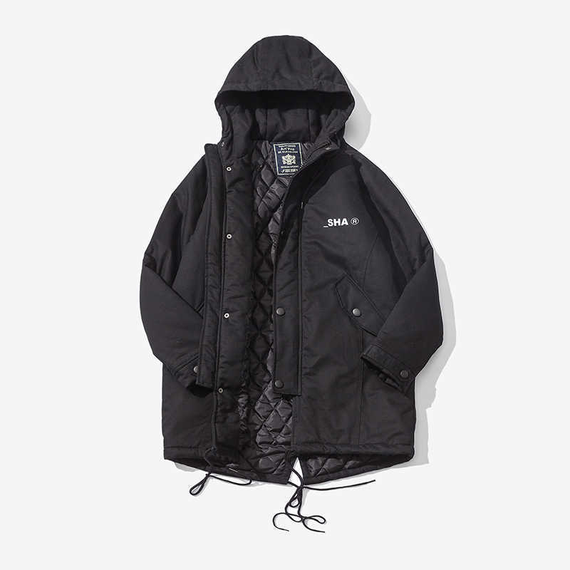 Casual Men Winter Parka Mid-Length Printed Warm Jacket Outwear Windproof Coat Hooded Streetwear Japanese Style High Quality 210603