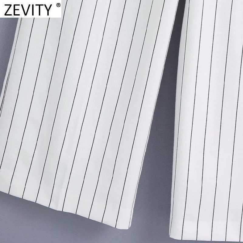 Zevity Women Vintage Striped Print Pocket Wide Leg Pants Retro Female Chic Zipper Fly Casual Slim Long Trousers P1107 210603