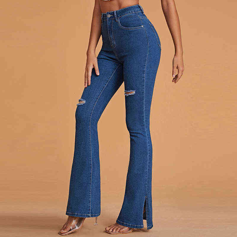 DenimColab High Waist Elastic Micro Flared Pants Jeans Women Split Hole Skinny Pencil Casual Stretch Office Lady 211129