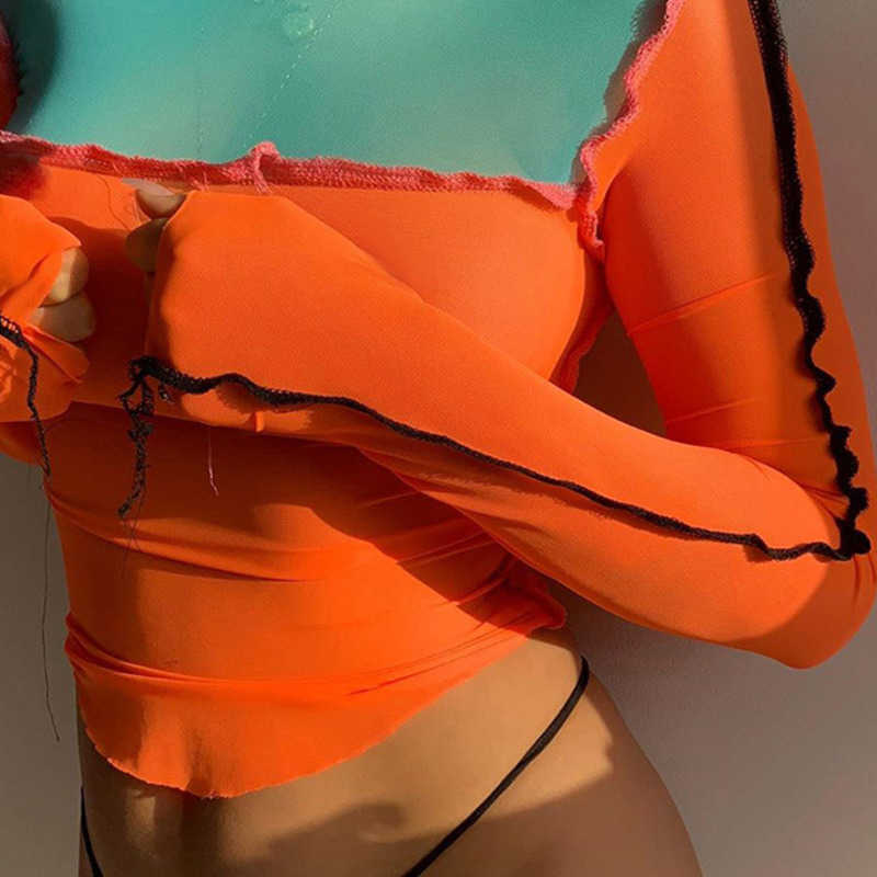 WOMENGAGA Autumn Women's Mesh Stitching Patchwork Contrast Color Full Sleeve T-shirt Sexy Tops 7E0L 210603