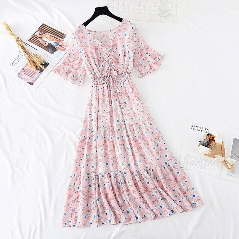 Summer Chiffon Long Dress Women Elegant V-Neck print Floral Dresses Elastic waist Slim Sweet Ruffles Dress Vestido 210521
