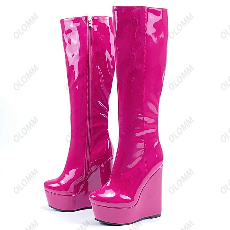 Rontic Handmade Women Winter Knee Boots Patent Leather Side Zipper Wedges Heels Round Toe Red Black Party Shoes Plus US Size 5-20