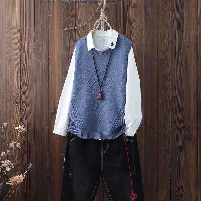 Round neck knitted waistcoat women's college style pullover spring and autumn woolen vest Korean loose sweater 211018