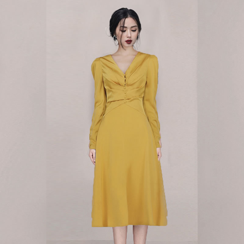 High Quality Runway Women Party Dress Autumn Yellow Long Sleeve Bodycon Midi Elegant V Neck Slim Button Vestidos 210519