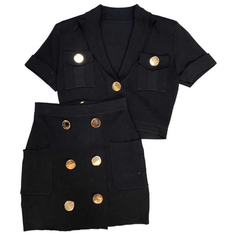 DEAT Women Black knitting Skirt Short lapel short sleeve Two Piece Set Fashion Temperament Spring Summer 11D603 210709