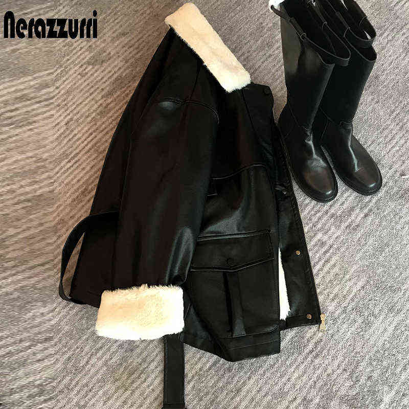 Nerazzurri Winter Oversized Leather Jacket Women with Faux Rex Rabbit Fur Inside Warm Soft Thickened Fur Lined Coat Long Sleeve 211130