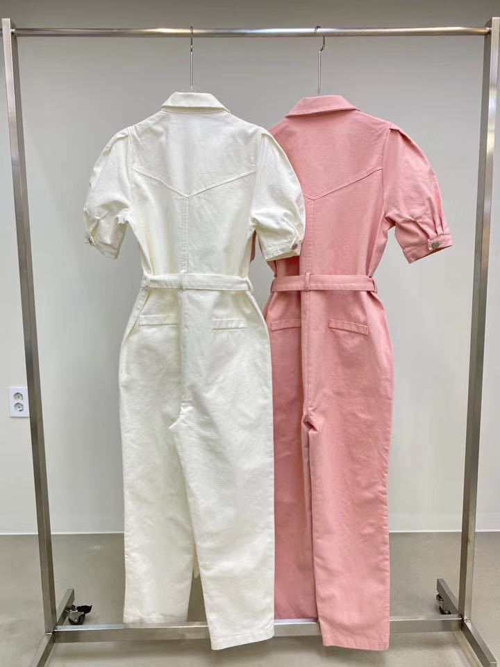 High quality casual Jumpsuits Overalls rompers womens jumpsuit short Sleeve Summer Single-breasted long pants Female 210518