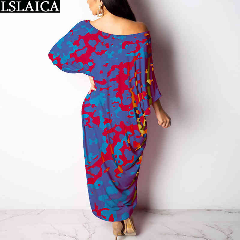 Woman Dress Summer Camouflage Print Batwing Sleeve O Neck Oversize Female Maxi Casual Plus Size Fashion Vestidos 210515
