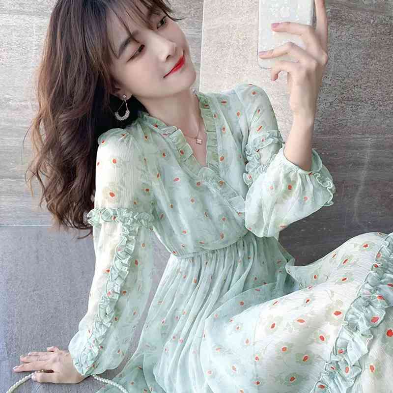 Summer Casual Long Sleeve Chiffon Women Floral Dress Green V Neck Ruffles Maxi Dresses Plus Size Two-piece Suit Female Robe 210521