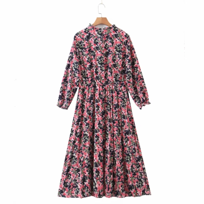 Summer Women Flower Printing Elastic Waist Midi Dress Female O Neck Three Quarter Sleeve Clothes Casual Lady Loose Vestido D7378 210430