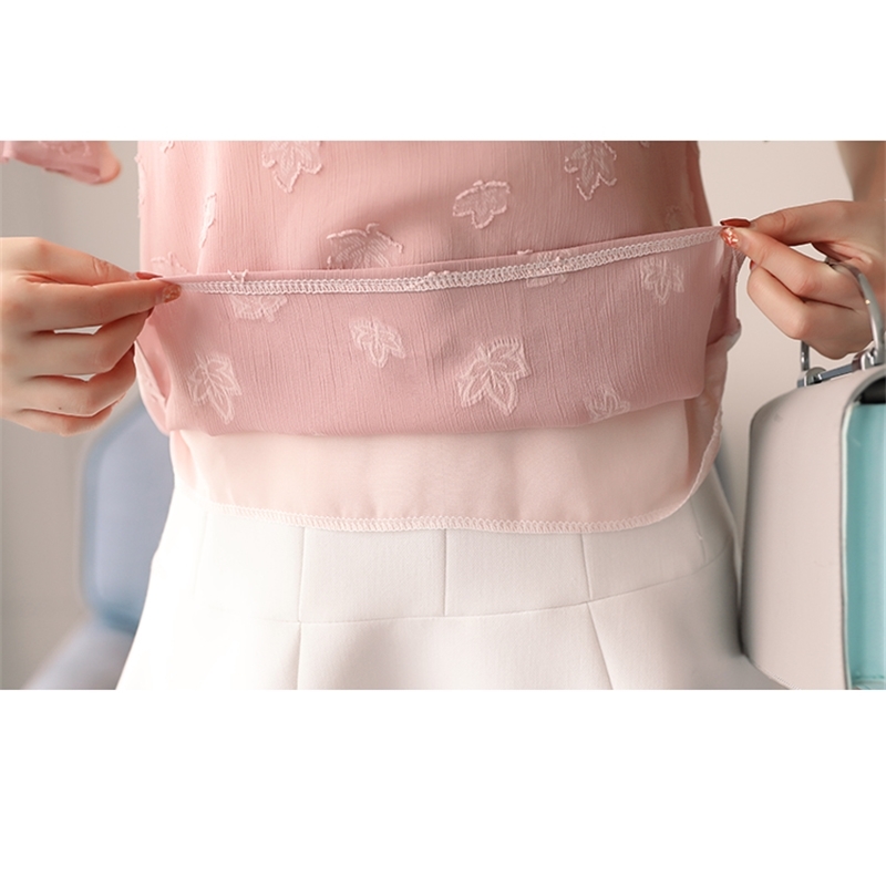 Summer Embroidery Organ Pleat Women Blouses Shirts V-neck Chiffon Shirt Short Sleeve Sweet Female Top Blusa 0391 40 210506