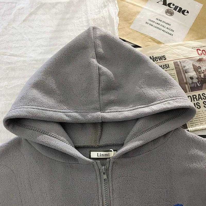 Winter Women's Hoodie Tops Autumn Korean Fashion Animal Embroidery Printing Loose Plush Zipper Sweatshirt 210809