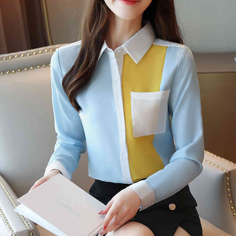 Autumn Fashion Women Chiffon Blouses Office Lady Shirts Long Sleeve Pocket Tops Casual Spliced Clothing 6196 50 210506