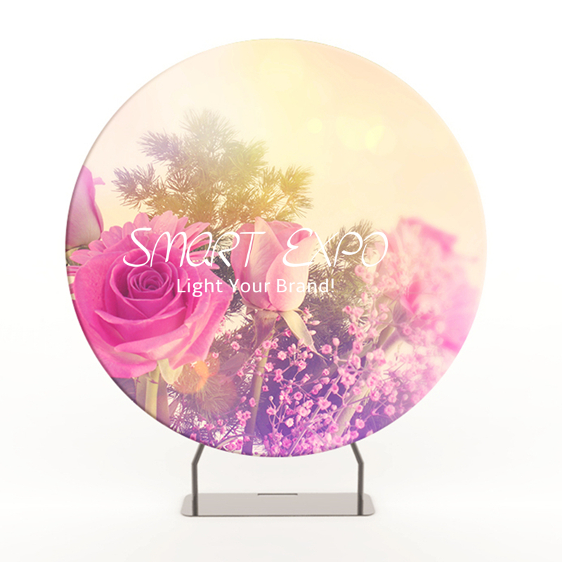 Retail Supplies Birthday Party Backdrop Event Decoration Wall Display with Circle Fabric Graphic Steel Base and Portable Carry Bag