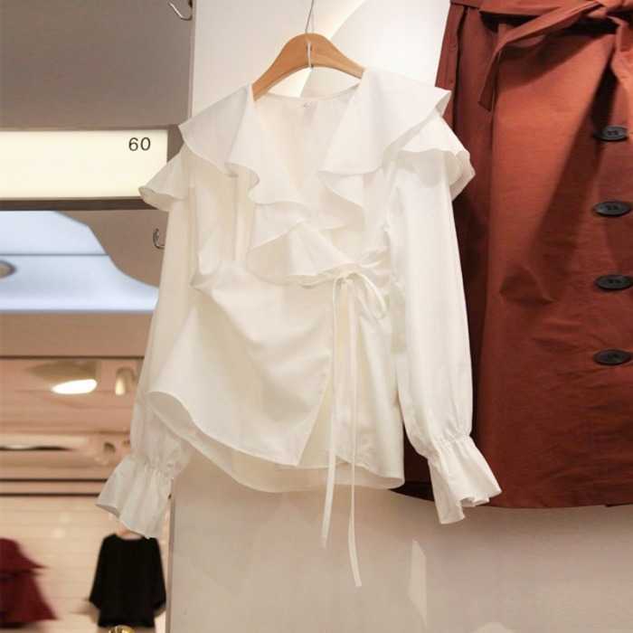 Spring Style Ruffle Fashionable Sweet White V Neck Flare Sleeve Shirt All Match Top Blouse Women 210615