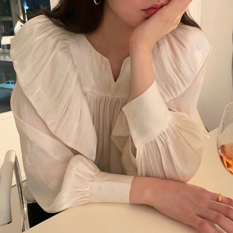 Nomikuma Women Blouse Korean Pleated Ruffle Patchwork Shirt Causal Lantern Long Sleeve V-neck Blusas Ropa De Mujer 6D960 210427