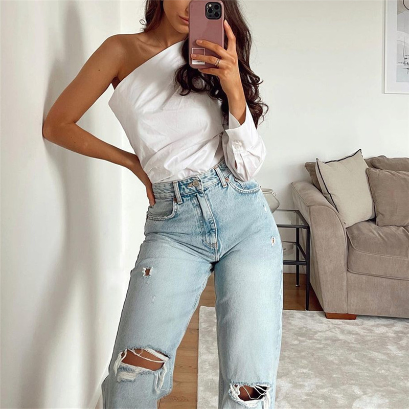 Elegant Woman White One-Shoulder Cotton Tops Spring Fashion Ladies Irregular Top Female Streetwear Button 210515