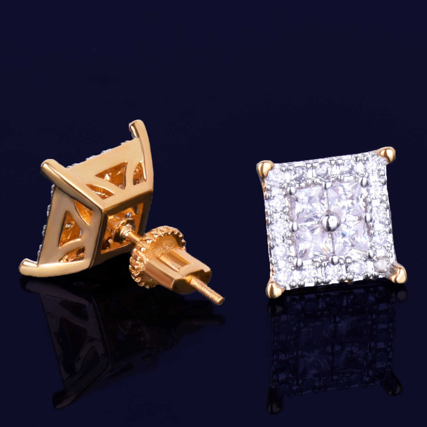 12MM Square Baguette Zircon Stud Earring Silver Color Charm Screw Back Women Men's Earrings Fashion Hip Hop Jewelry 211009