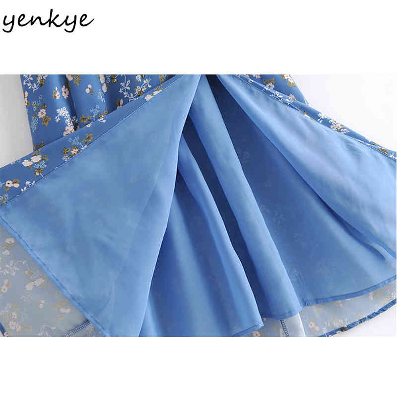 YENKYE Sweet Floral Print Holiday Summer Dress Women Sleeveless Sexy Slits A-line Midi Sling Chiffon Dress Female Party Vestido 210515