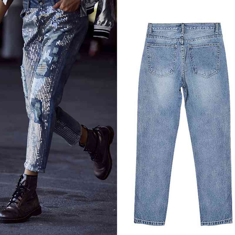 Fashion sequined Mom jeans woman boyfriend distressed ripped for women denim pants autumn plus size trousers 210521