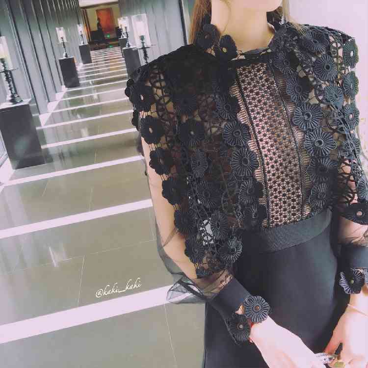 Arrival Runway Summer Lace Hollow Out Dress Mesh Long Sleeve Black Patchwork Dresses 210520