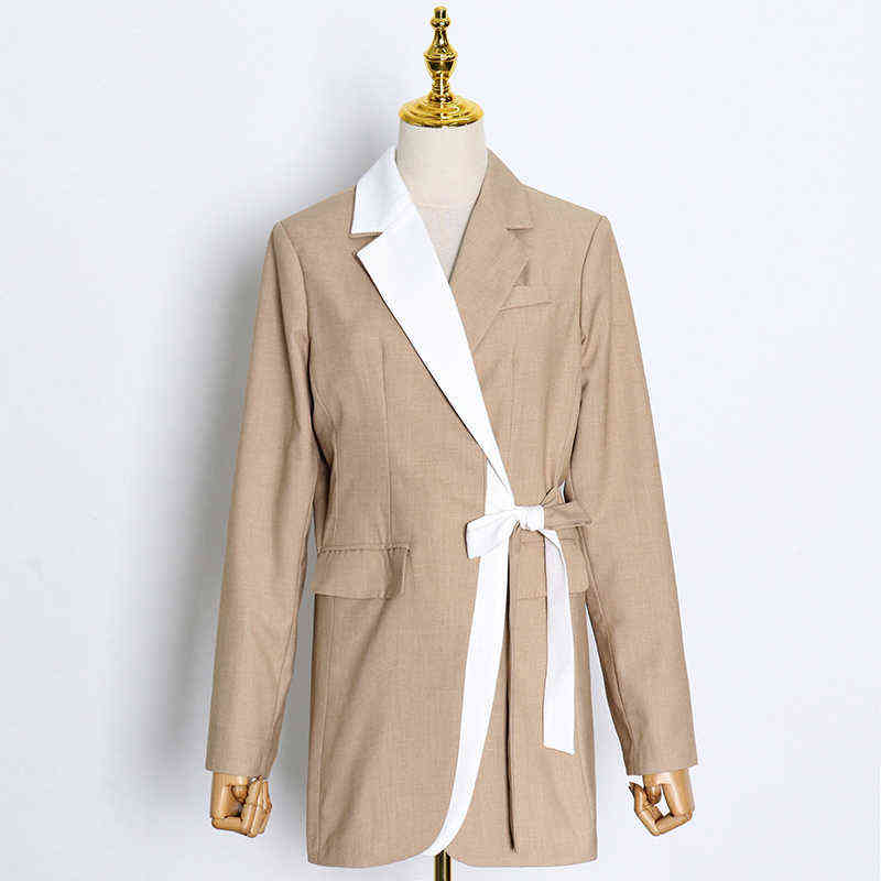TWOTWINSTYLE Casual Patchwork Hit Color Blazer For Women Notched Long Sleeve Lace Korean Jacket Female Fashion Clothes Style 211122