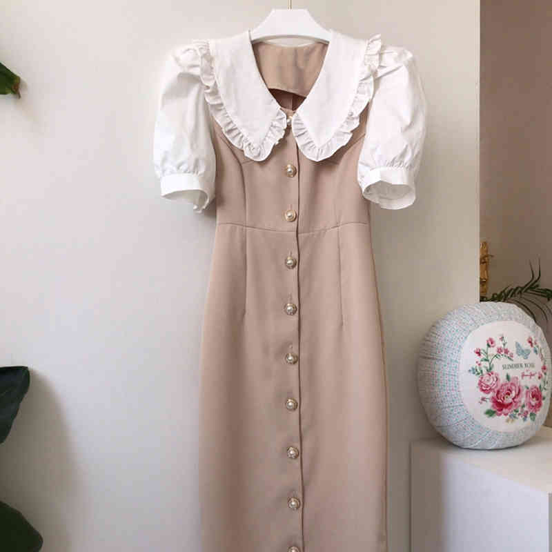 Korea Summer Fashion Women Elegant Ruffles Dress Peter Pan Collar Vintage Party Slim Fresh Cute Lovely Arrival 210506