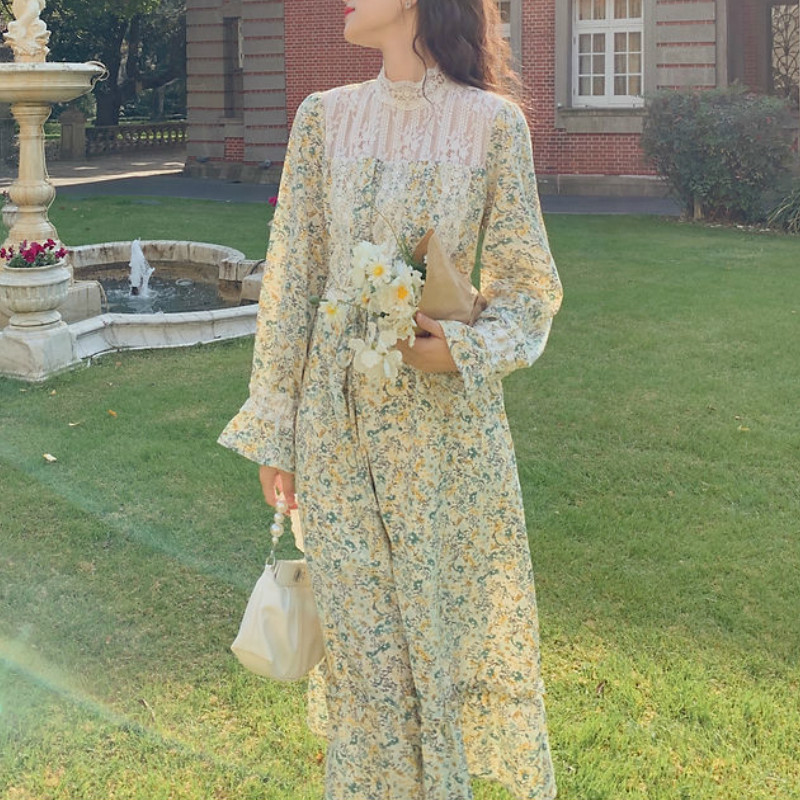 Chiffon Floral Midi Dress Women French Sweet Vintage Dress Ladise Long Sleeve Elegant Flower Dress Korean Spring 210521
