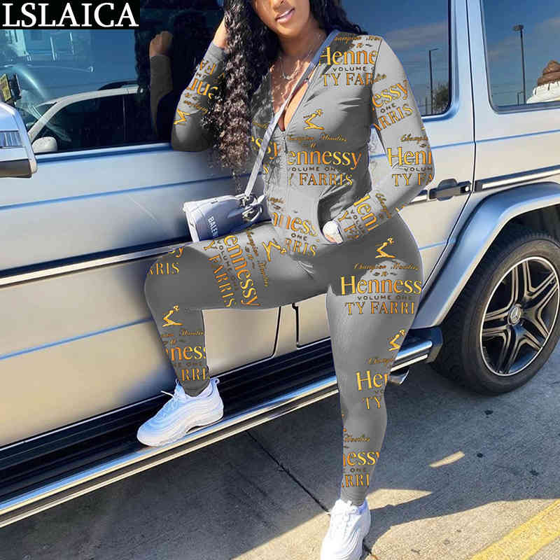 Sets for Women Letter Printing Pocket Zipper 2 Piece Set Elastic Waist Fashion Skinny Fitness Tracksuit Ubrania Damskie 210515