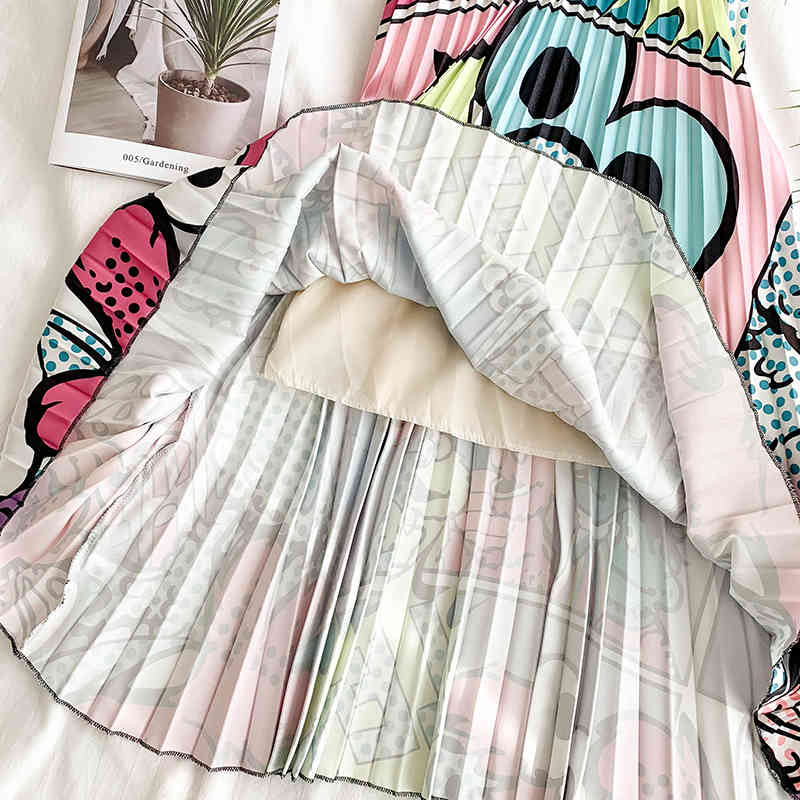 Artoon Pleated Skirt Women's Midi Elastic Waist A Line High Female Summer s Withe Waiist 210428