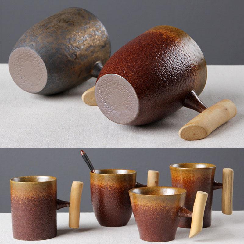 Mugs Creative Japanese Ceramic Coffee Mug Tumbler Rust Glaze With Wooden Handle Tea Milk Beer Water Cup Home Office Drinkware 300ML