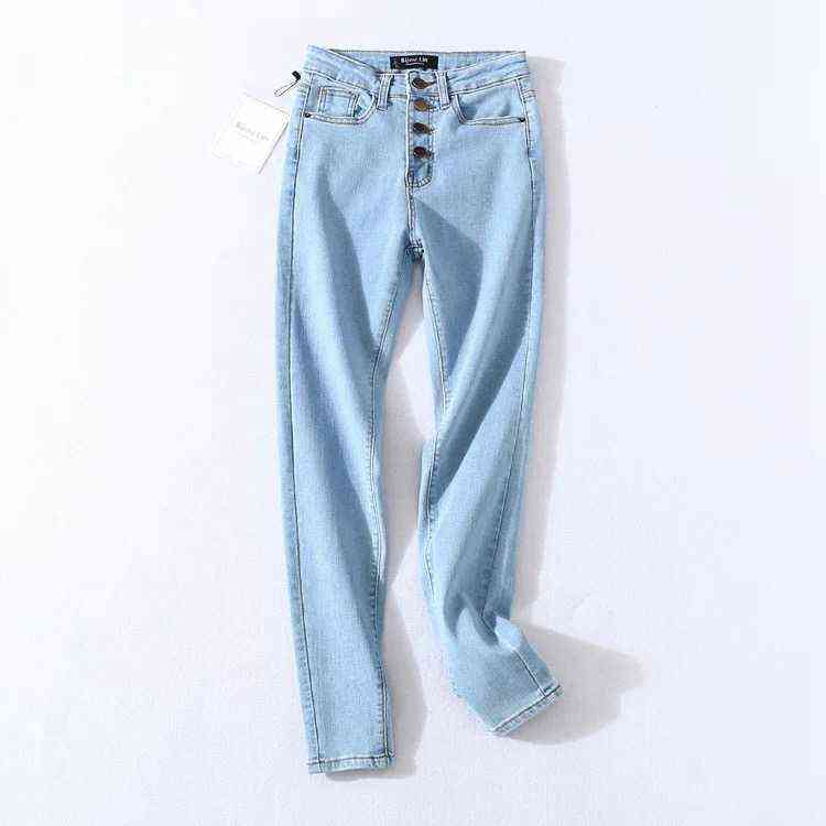 Vintage Skinny Four Buttons High Waist Pencil Jeans Women Slim Fit Stretch Denim Pants Full Length Denim Tight Trousers 211111