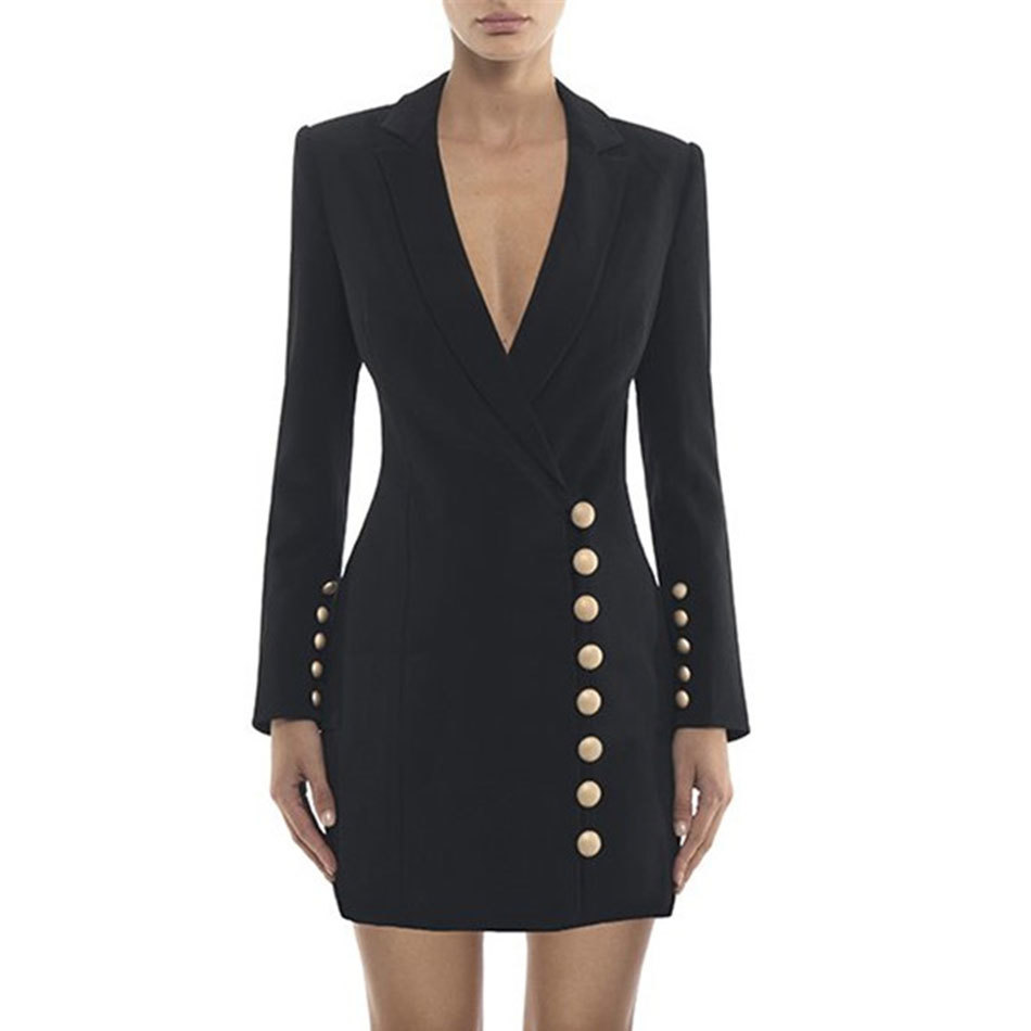 Free Autumn Women's Suit Mini Dress Sexy Deep V Lapel Long Sleeve Single Breasted Elegant Bodycon Party 210524