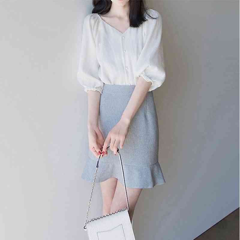 Elegant Temperament Office Lady Women Sets Solid Lantern Sleeve Soft Shirts + High Waist Fishtail Skirts Summer 210525
Elegant Temperament Office Lady Women Sets Solid Lantern Sleeve Soft Shirts + High Waist Fishtail Skirts Summer 210525