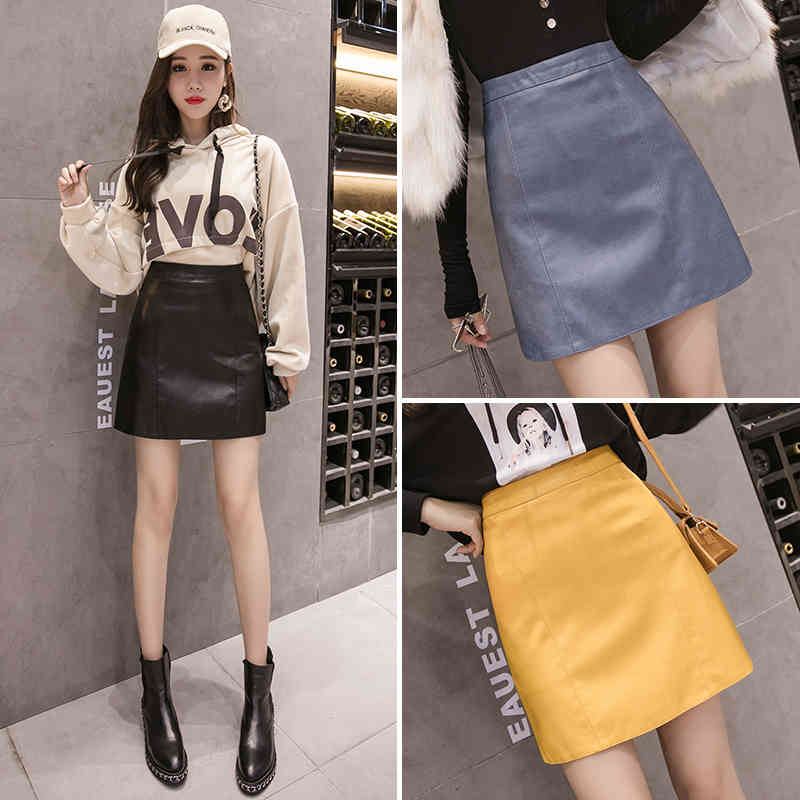 autumn Fashion Elegant Women Pu Leather Skirt Casual High Waist Mini Ladies A-line Short s Black Yellow 7631 50 210427