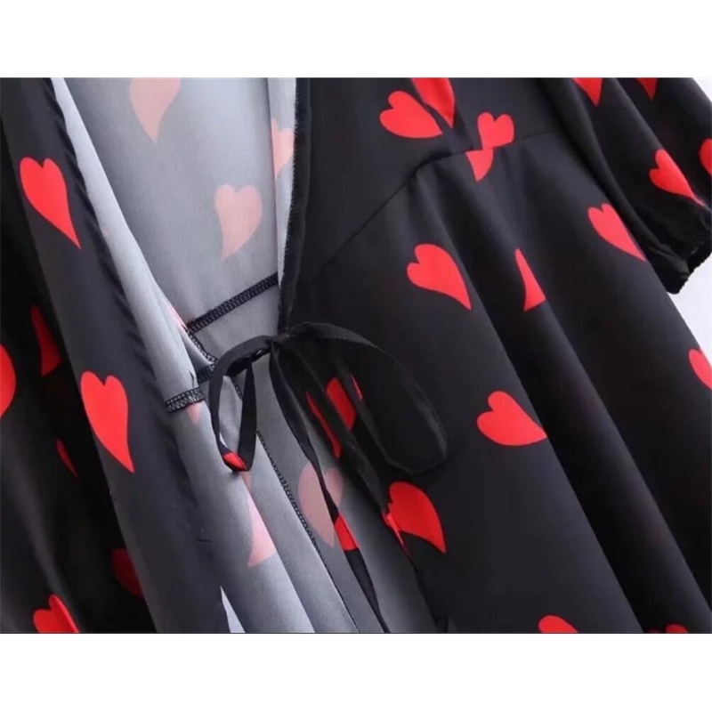 French Cross V neck Red Heart Print Wrap Dress Black Vintage Lacing up Waist Split Slim Women 3/4 sleeve Long Tea Dresses 210429